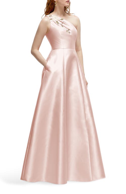 Alfred Sung Floral Appliqué One-shoulder Satin Gown In Blush