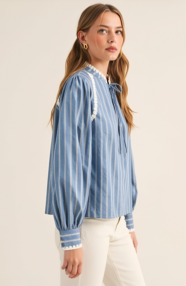 Modenaire Striped Long Sleeve Blouse with Tie Neckline and Lace Trim Details, Alternate, color, 
