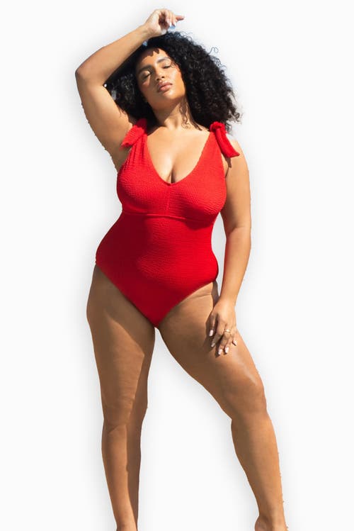 Fashion-szn Curve Sculpted Crinkle Tie Strap Swimsuit In Red
