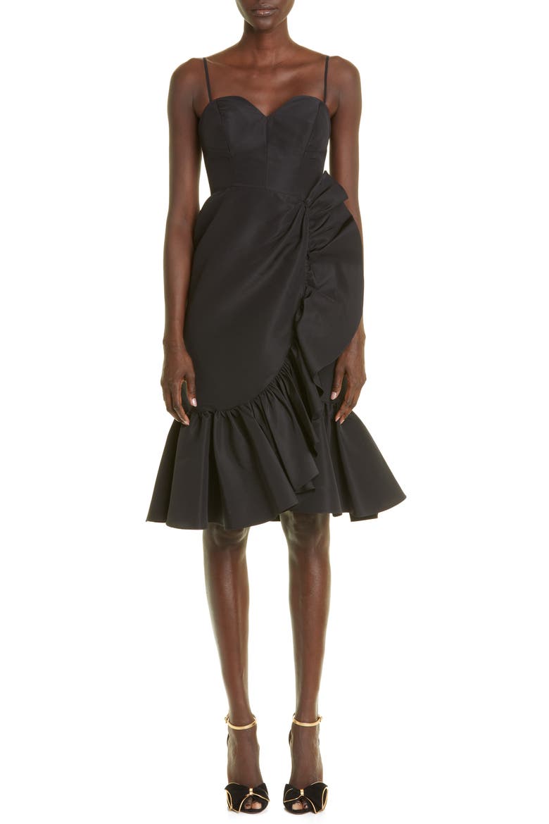 Gathered Ruffle Detail Silk Midi Dress, Main, color, BLACK