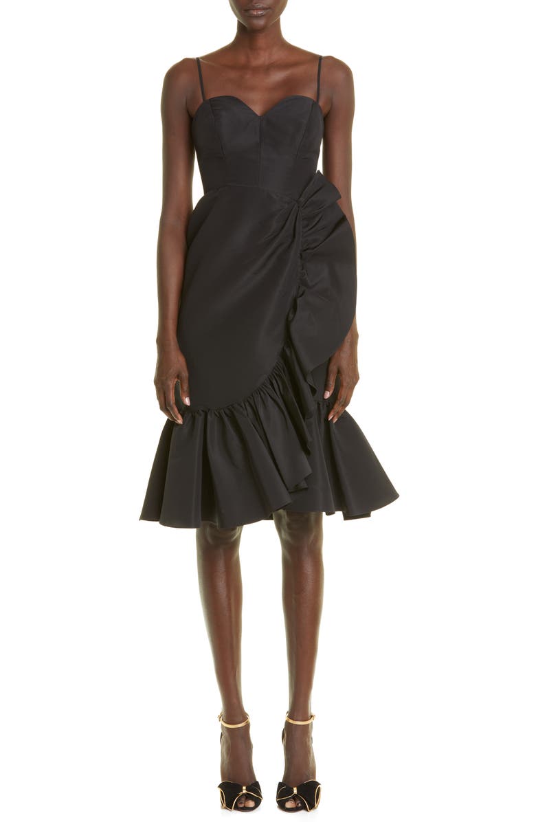 Carolina Herrera Gathered Ruffle Detail Silk Midi Dress, Main, color,