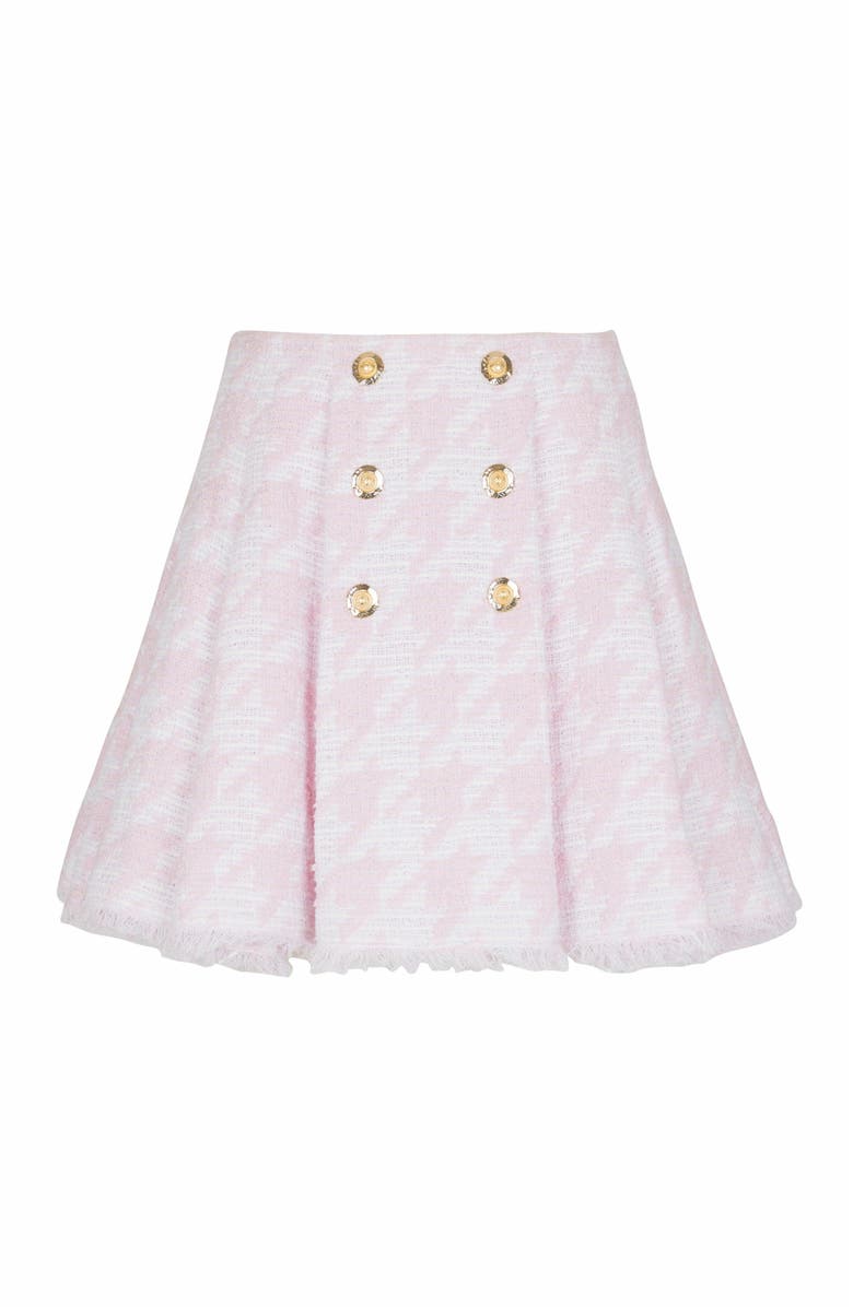 Balmain A-Line Pleated Houndstooth Tweed Skirt, Alternate, color, Pink