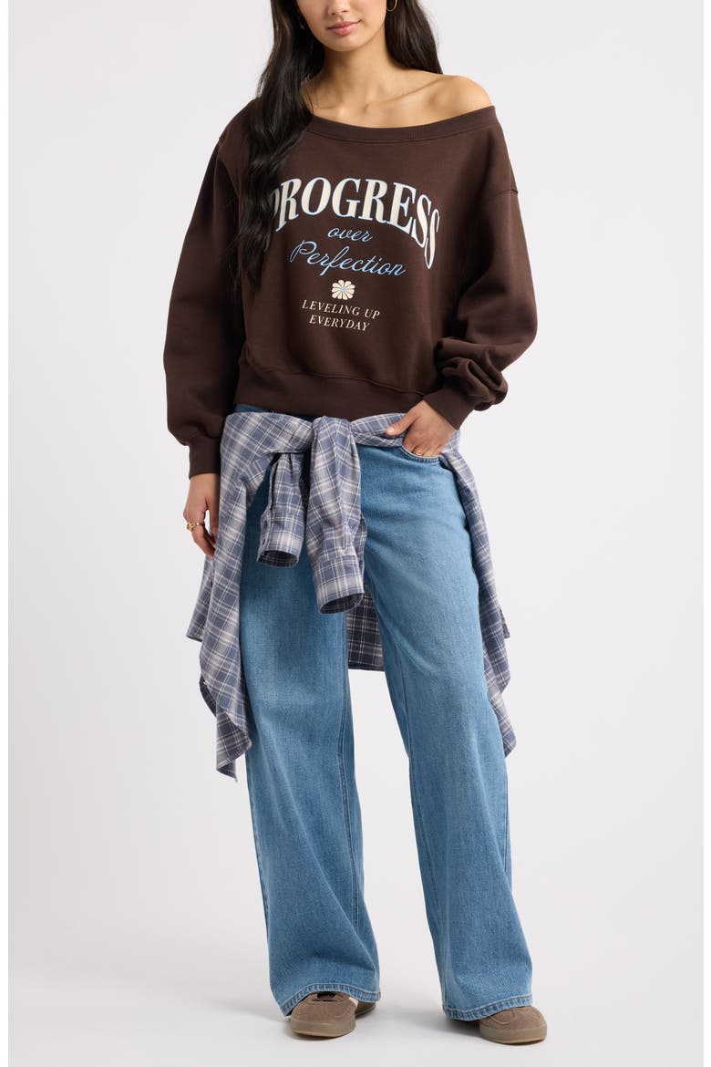 Off the Shoulder Fleece Graphic Sweatshirt, Alternate, color, BROWN PROGRESS OVER PERFECT