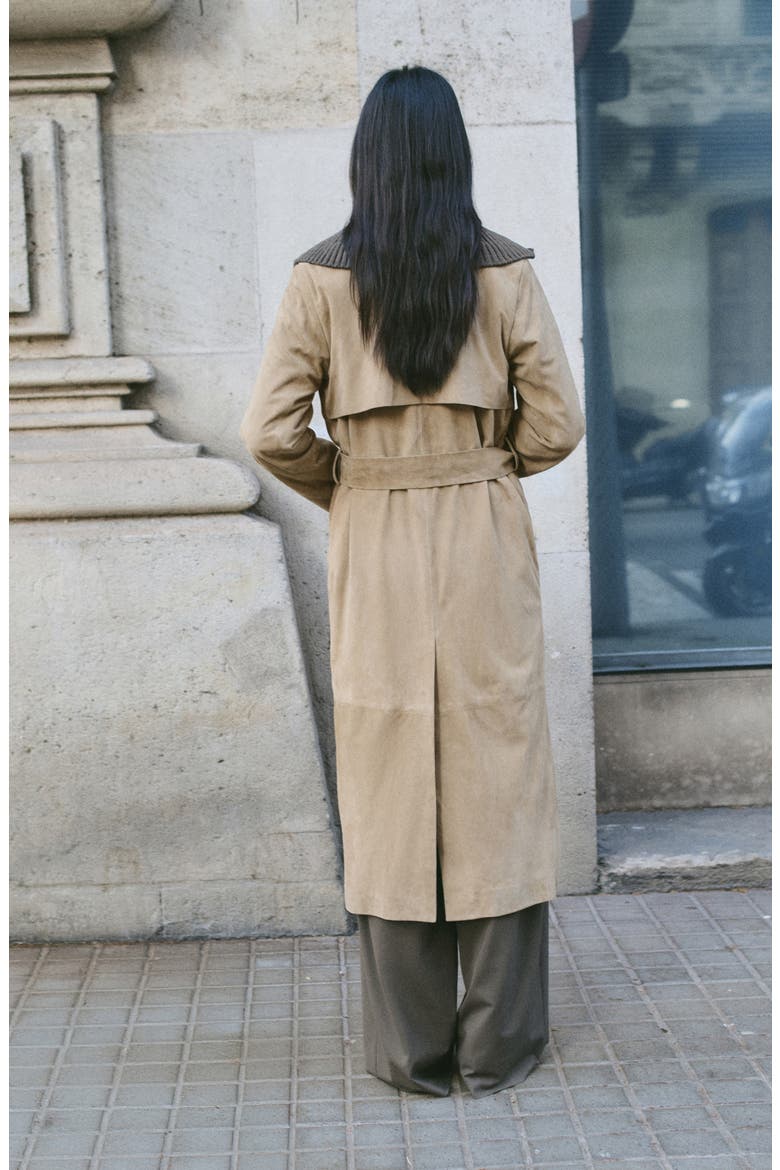 Long Belted Suede Trench Coat, Alternate, color, MEDIUM BROWN