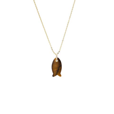 CZ Bezel Eye Natural Stone Fish Pendant Necklace