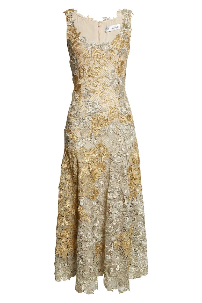 Hibiscus Metallic Guipure Lace Midi Dress, Alternate, color, GOLD/ WHITE GOLD