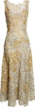 Oscar de la Renta Hibiscus Metallic Guipure Lace Midi Dress
