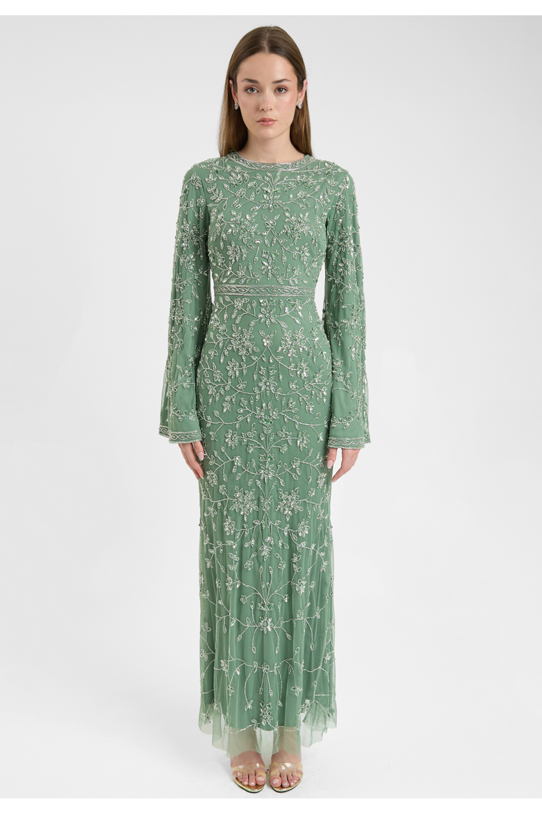 Modest Embellished Sequin Beaded Dress Maxi With Sleeves Design, Main, color, GREEN