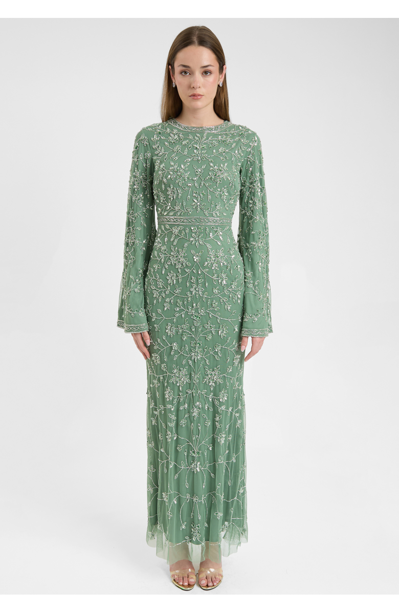 MARYISA Modest Embellished Sequin Beaded Dress Maxi With Sleeves Design, Main, color, Green