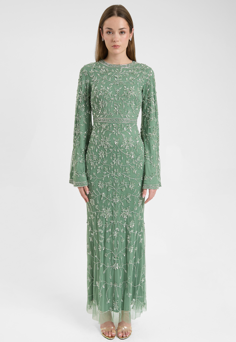 Modest Embellished Sequin Beaded Dress Maxi With Sleeves Design