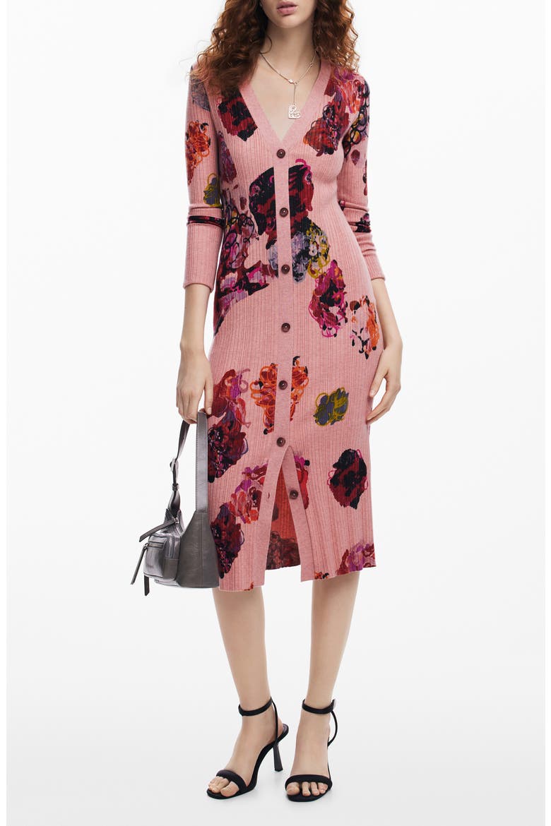 Floral Print Long Sleeve Rib Sweater Dress, Main, color, PINK/ RED