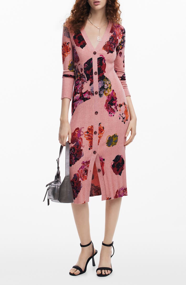 Desigual Floral Print Long Sleeve Rib Sweater Dress, Main, color, 