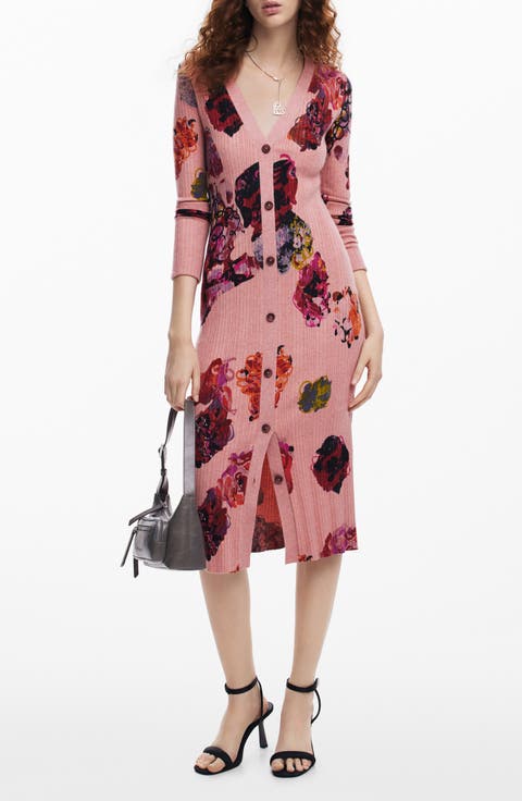 Floral Print Long Sleeve Rib Sweater Dress