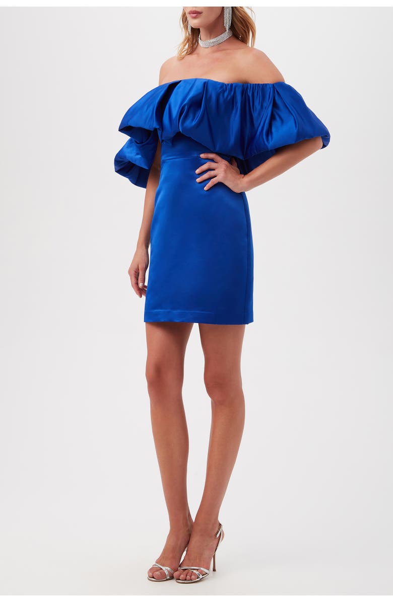 Trina Turk Nia Off the Shoulder Ruffle Satin Cocktail Dress, Alternate, color, Bewitching Blue
