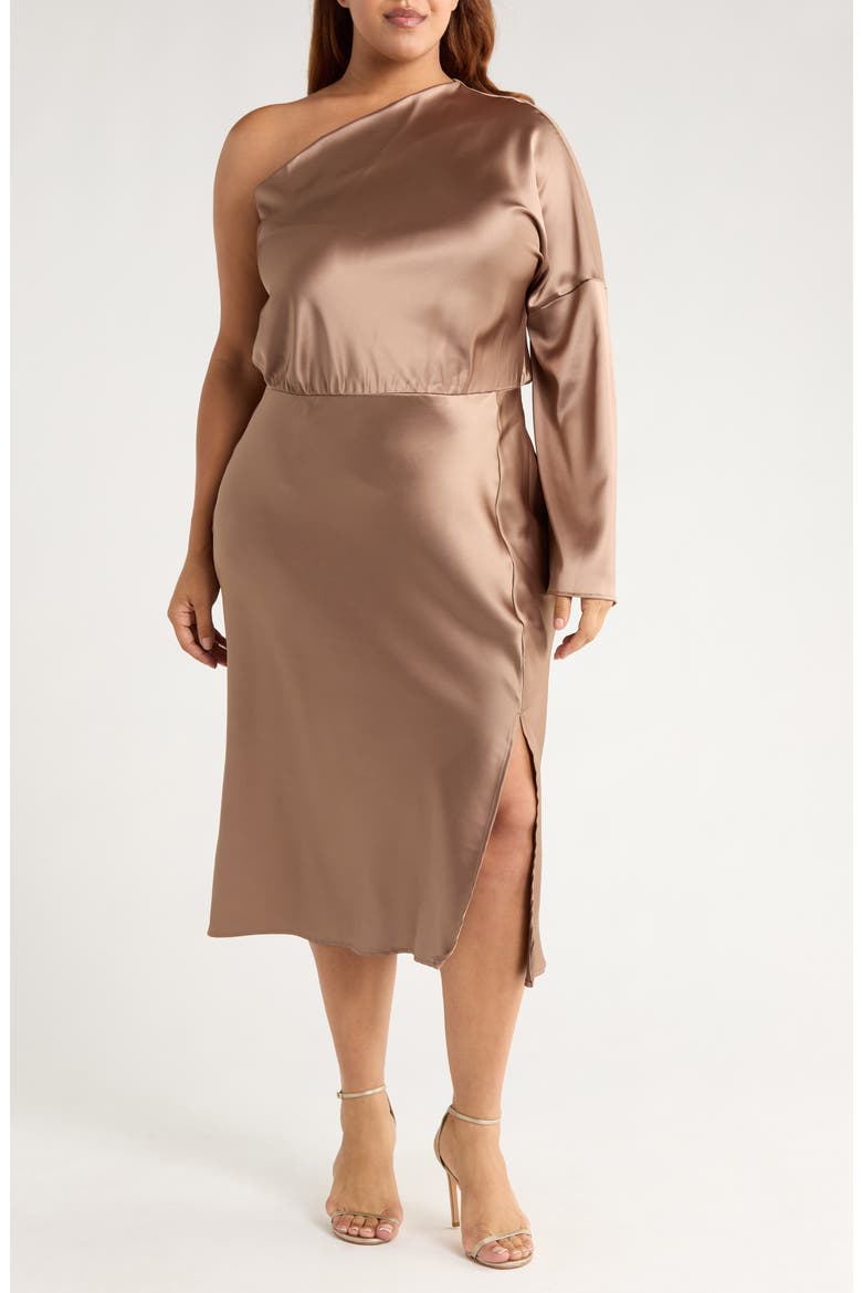 One-Shoulder Satin Midi Dress, Main, color, DUNE