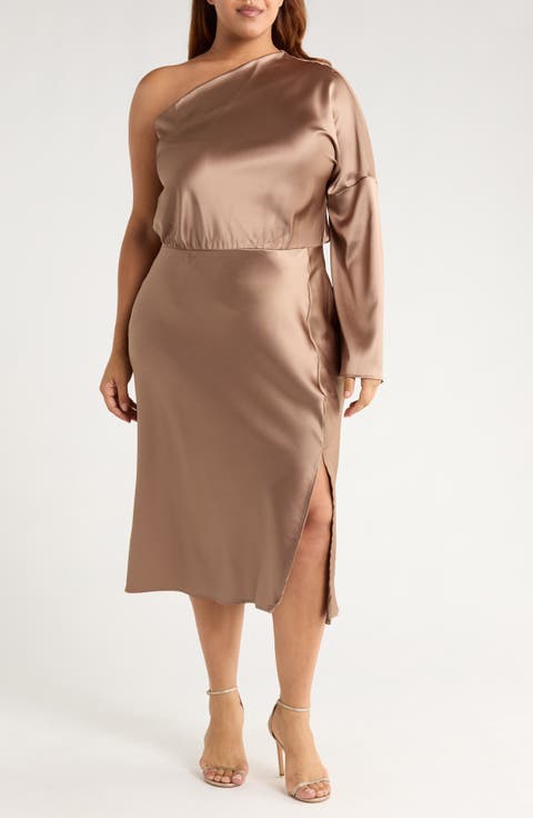One-Shoulder Satin Midi Dress (Plus)