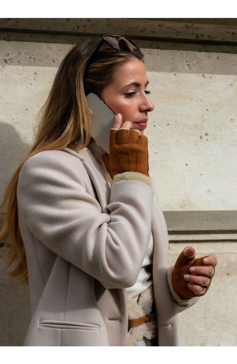 Agnelle Denise Shearling Fingerless Lambskin Glove, Alternate, color, Chestnut