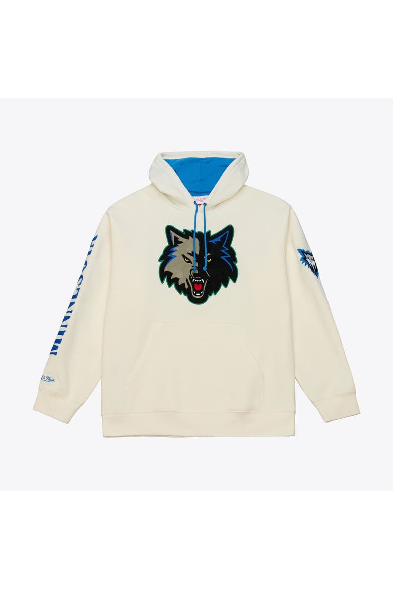 Men's Mitchell & Ness Cream Minnesota Timberwolves Hardwood Classics Chainstitch Premium Fleece Hoodie, Main, color, Cream