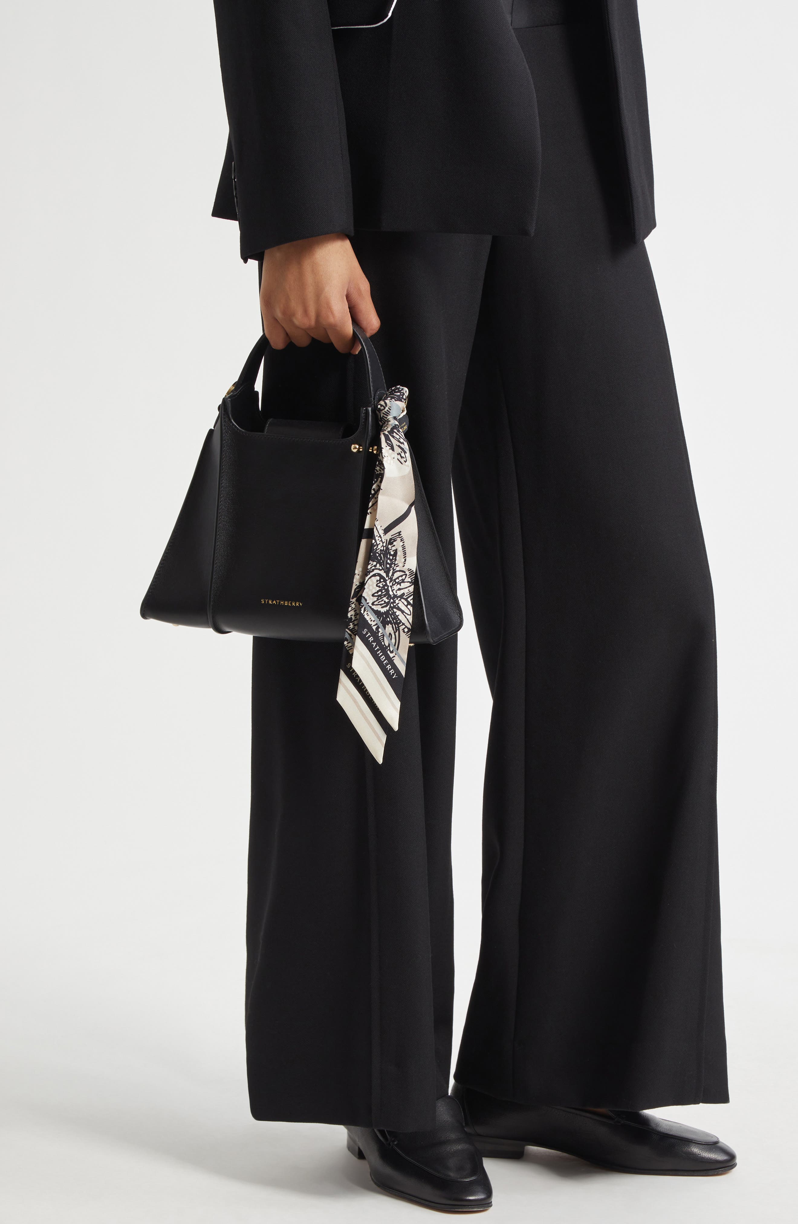 Strathberry Arkshell Top Handle Leather Bag, Alternate, color, Black