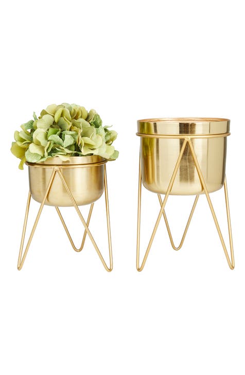 Goldtone Metal Modern Planter with Removable Stand - Set of 2