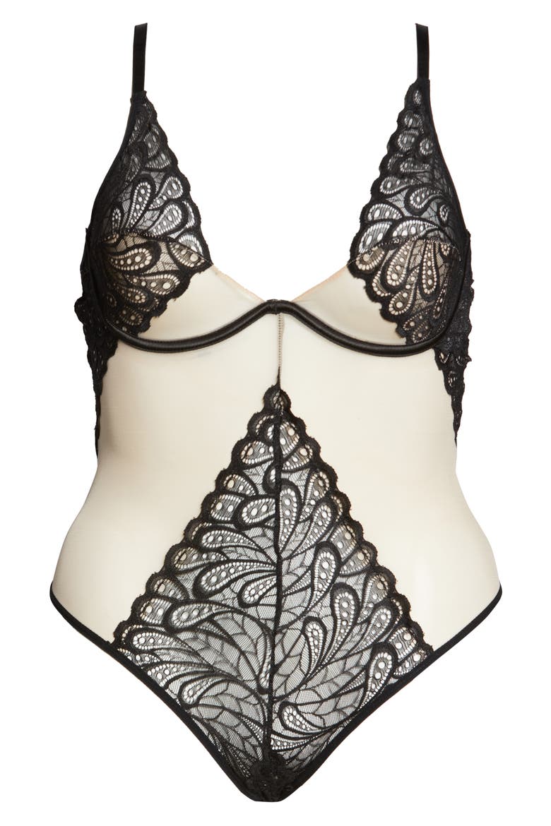 Lace Panel Undewire Teddy, Alternate, color, BLACK/ SAND
