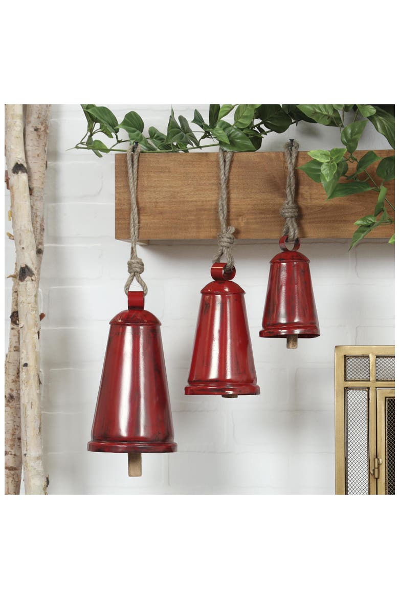 Eclectic Set of 3 Metal Decorative Meditation Bells, Alternate, color, RED