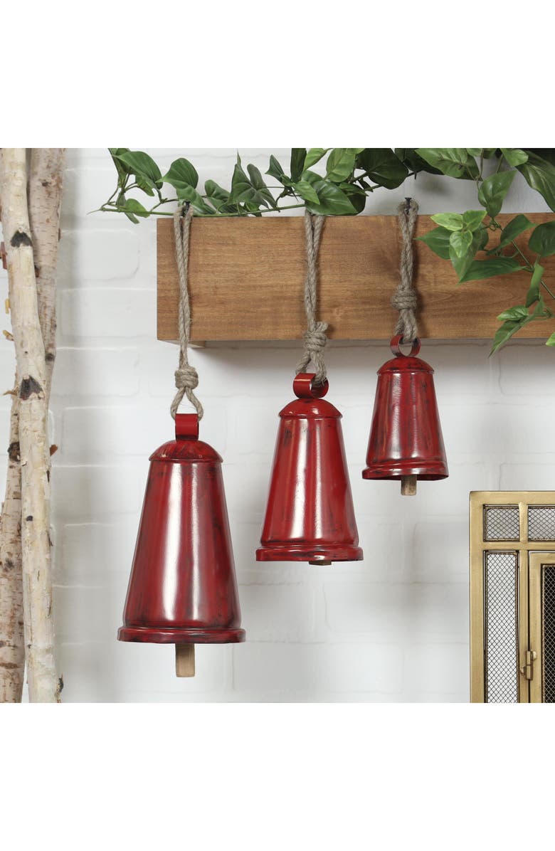 WILLOW ROW Eclectic Set of 3 Metal Decorative Meditation Bells, Alternate, color, Red