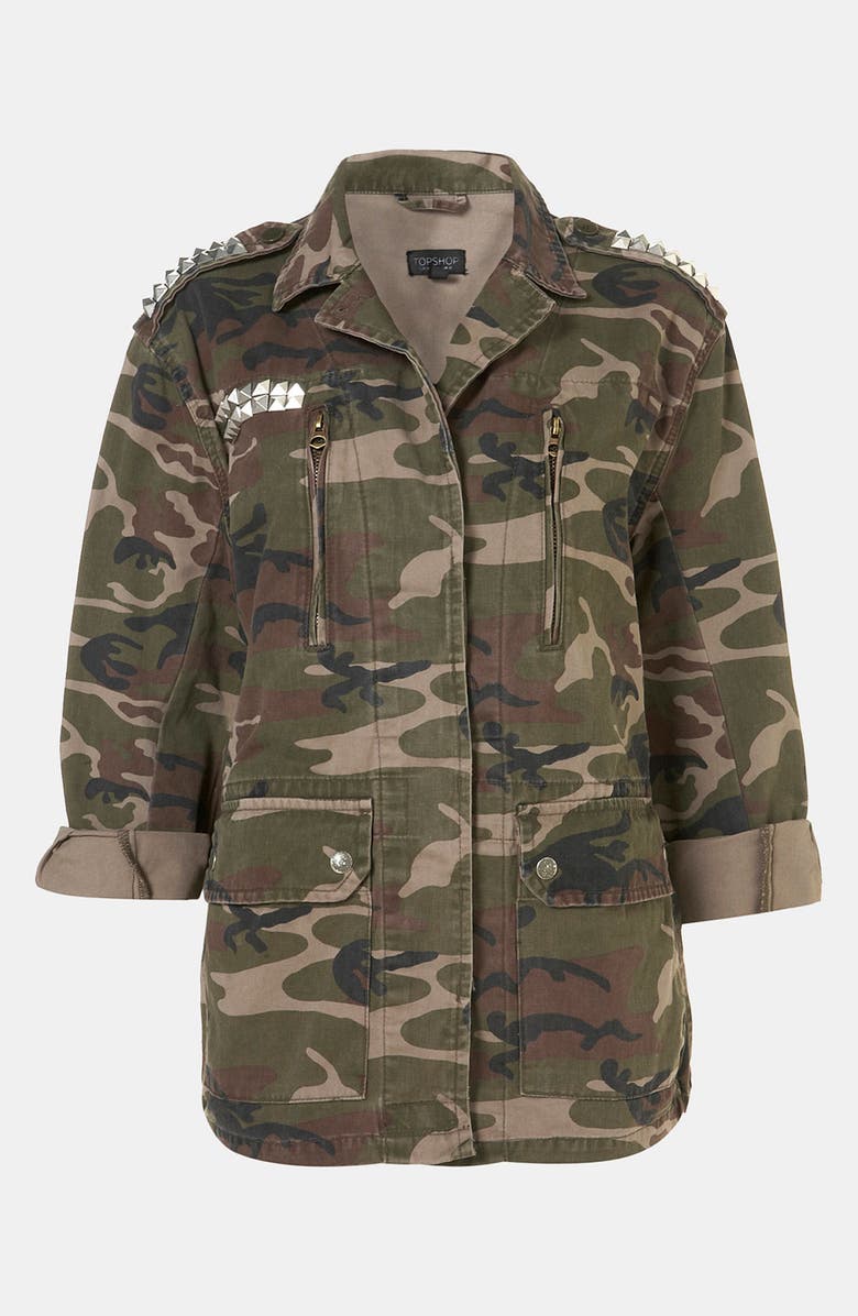 Topshop Studded Camo Jacket, Main, color, 