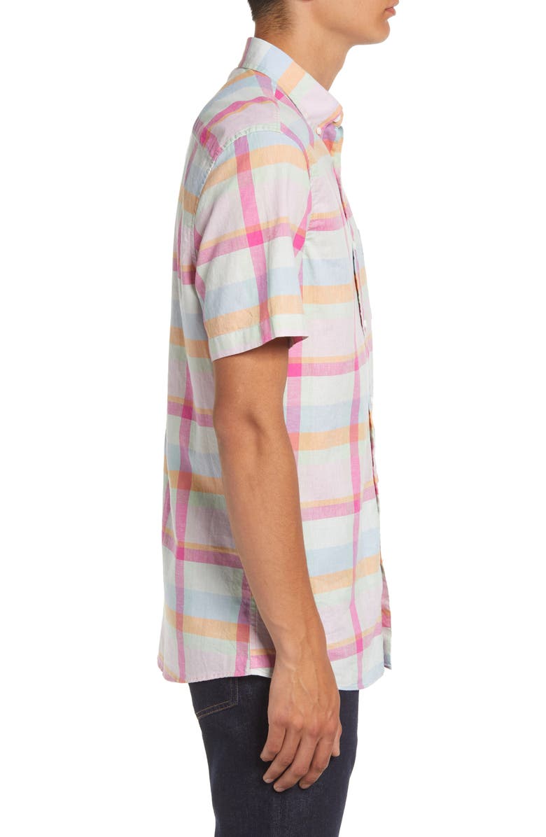 Nordstrom Matching Family Moments Plaid Trim Fit Short Sleeve Cotton & Linen Button-Down Shirt, Alternate, color, Blue- Pink Multi Madras