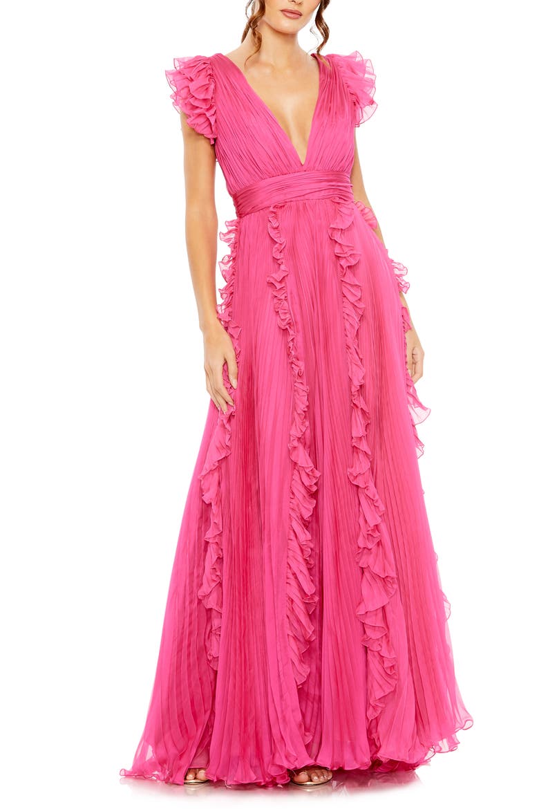 Pleated Ruffle Cap Sleeve Flowy A Line Gown, Main, color, FUCHSIA