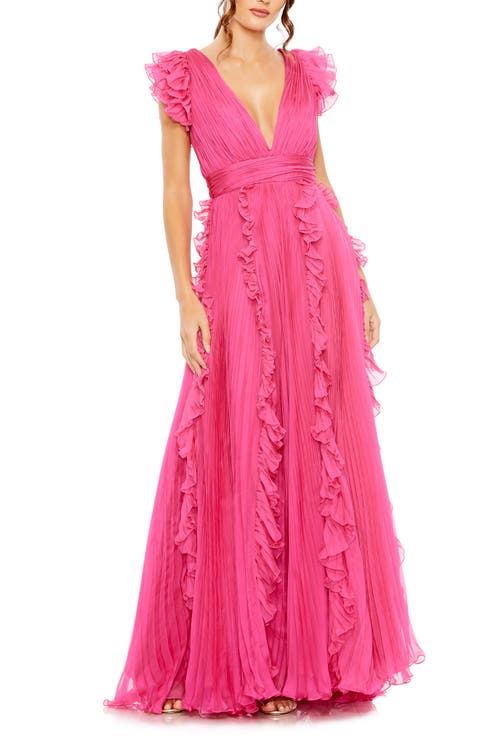 Pleated Ruffle Cap Sleeve Flowy A Line Gown