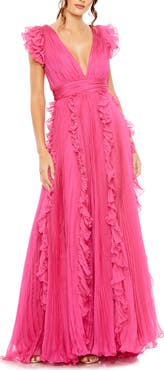 Mac Duggal Pleated Ruffle Cap Sleeve Flowy A Line Gown