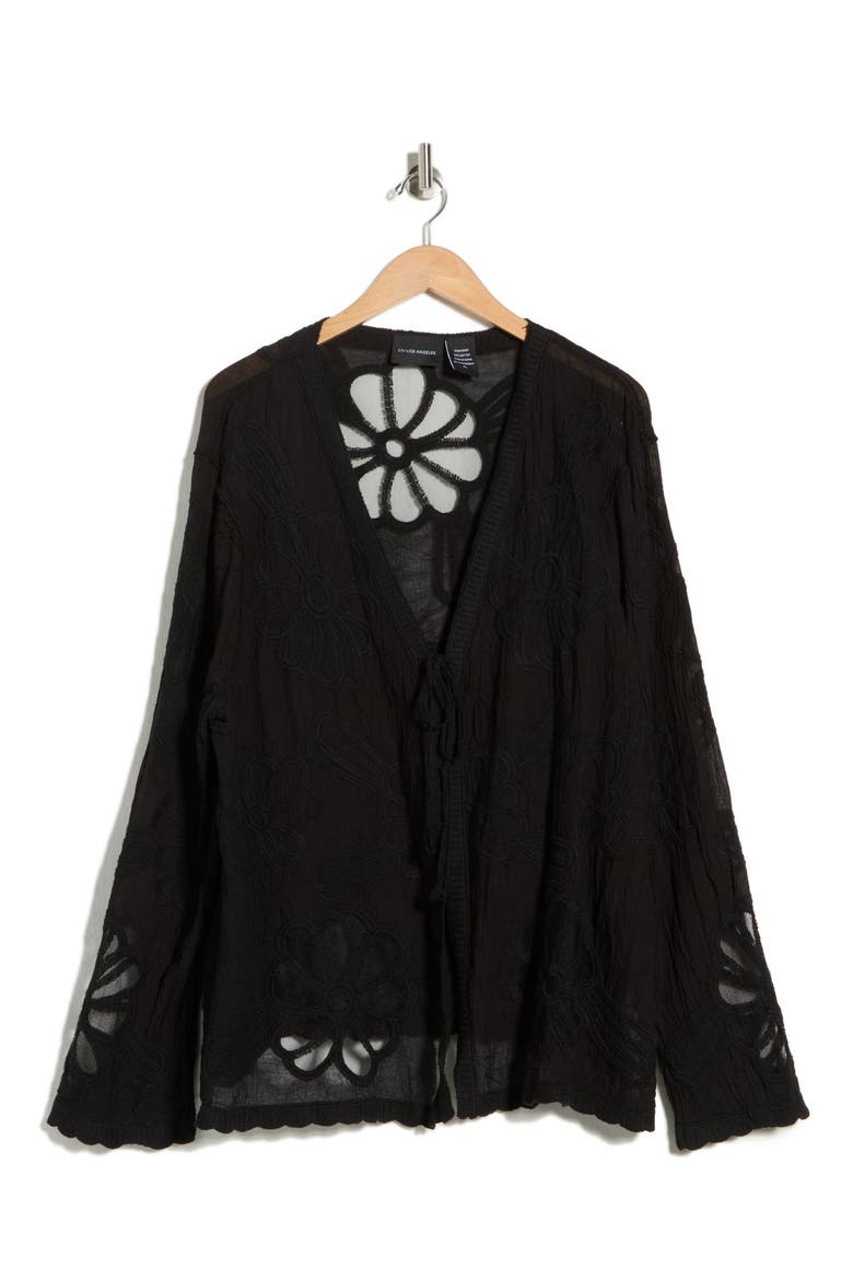Floral Embroidered Tie Front Cardigan, Main, color, BLACK
