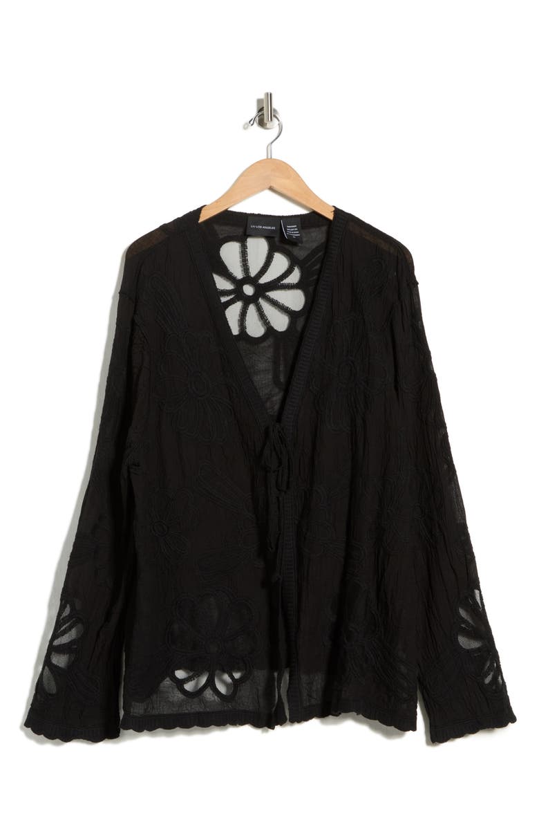 Forgotten Grace Floral Embroidered Tie Front Cardigan, Main, color, Black
