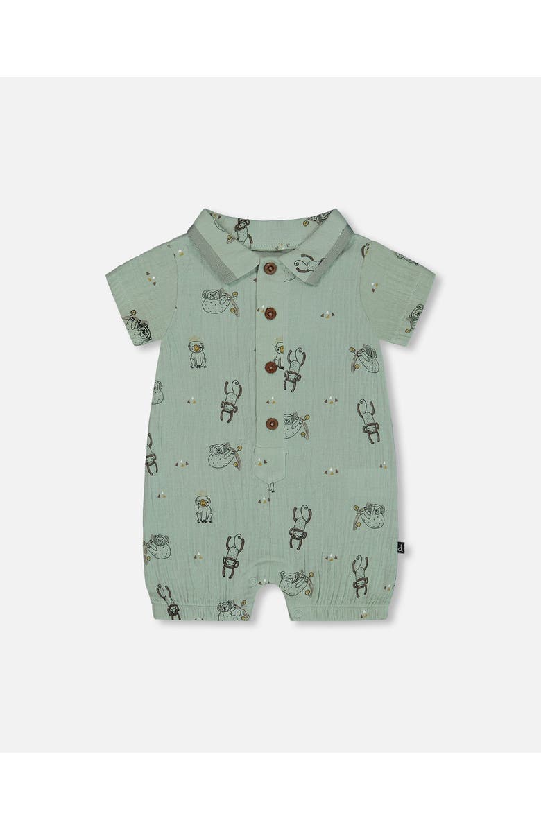 Deux par Deux Baby Boy's Printed Muslin Romper Sage Monkey, Main, color, Sage Monkey
