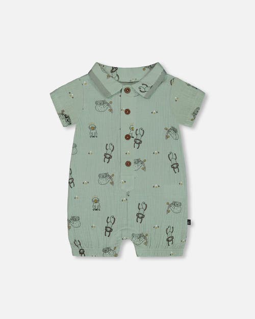 Deux Par Deux Baby Boy's Printed Muslin Romper Sage Monkey In Sage Monkey