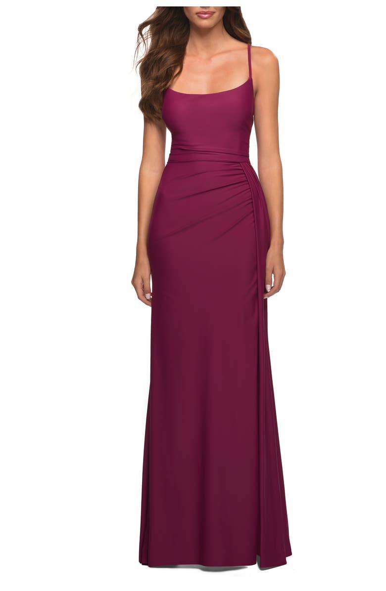 La Femme Jersey Luxe Gown with Draped Slit and Strappy Back, Alternate, color, Berry
