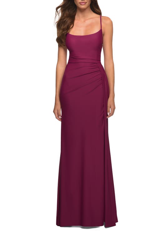 La Femme Jersey Luxe Gown With Draped Slit And Strappy Back In Berry