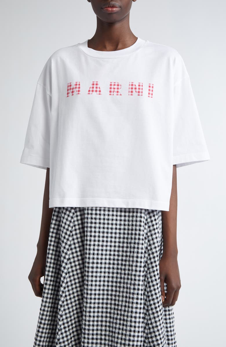 Marni Gingham Logo Boxy Crop Cotton Graphic T-Shirt, Main, color, 