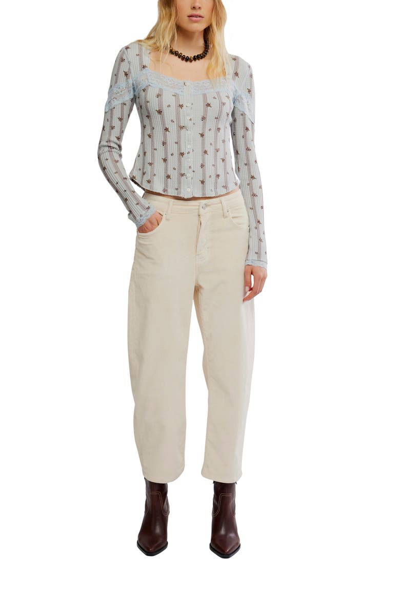 Let's Party Floral Lace Trim Cotton Waffle Knit Button-Up Top, Alternate, color, PEARL BLUE COMBO