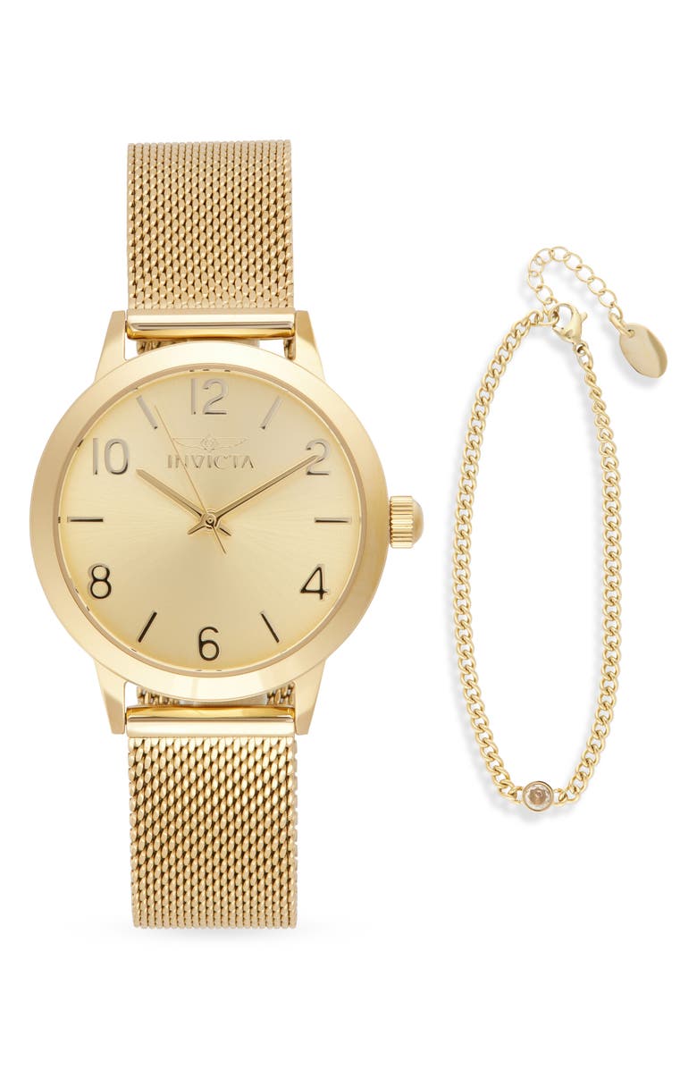 INVICTA Wildflower Mesh Strap Watch & Bracelet Set, Main, color, Gold