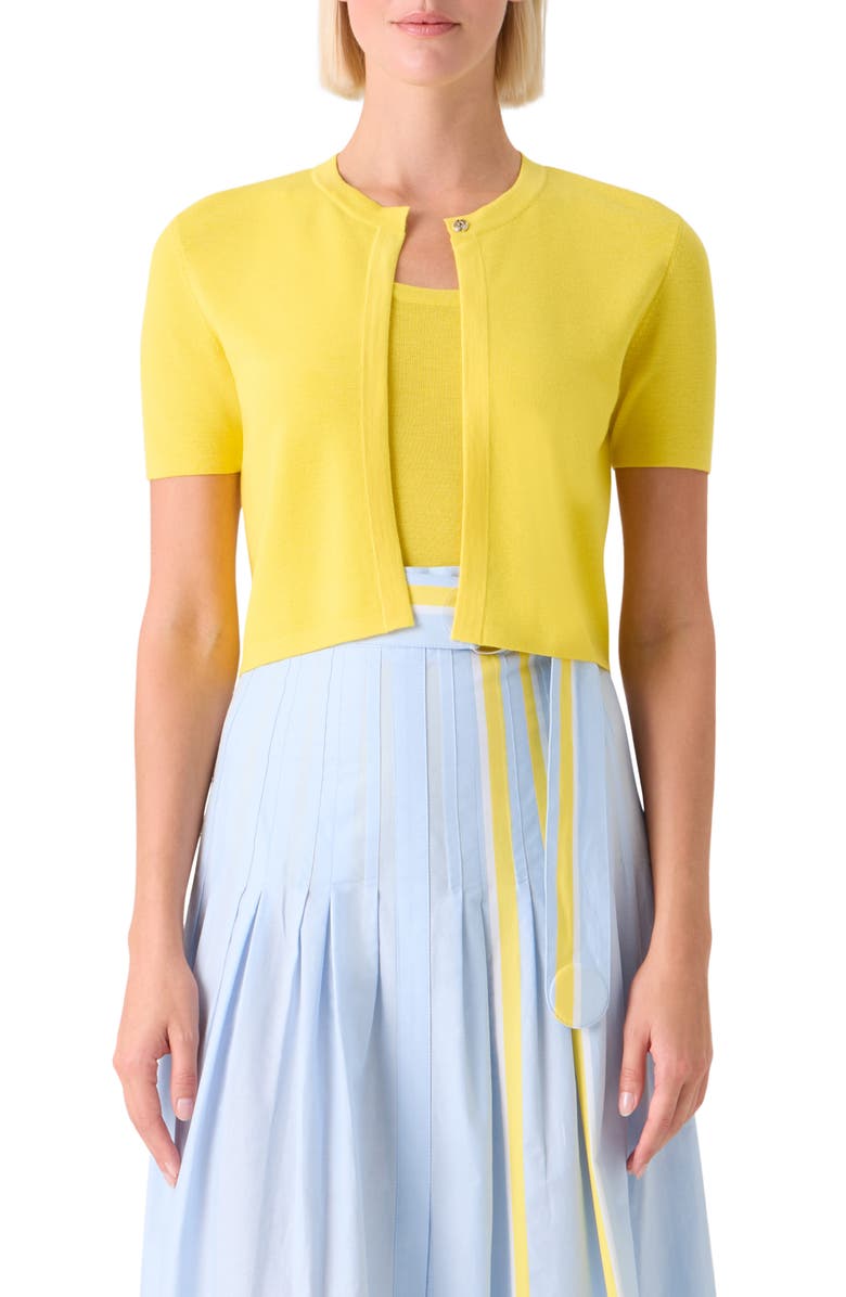 Akris punto Short Sleeve Virgin Merino Wool Crop Cardigan, Main, color, Lemon Zing