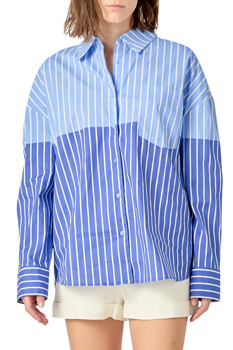 Colorblock Stripe Button-Up Shirt, Main, color, POWDER BLUE/ NAVY