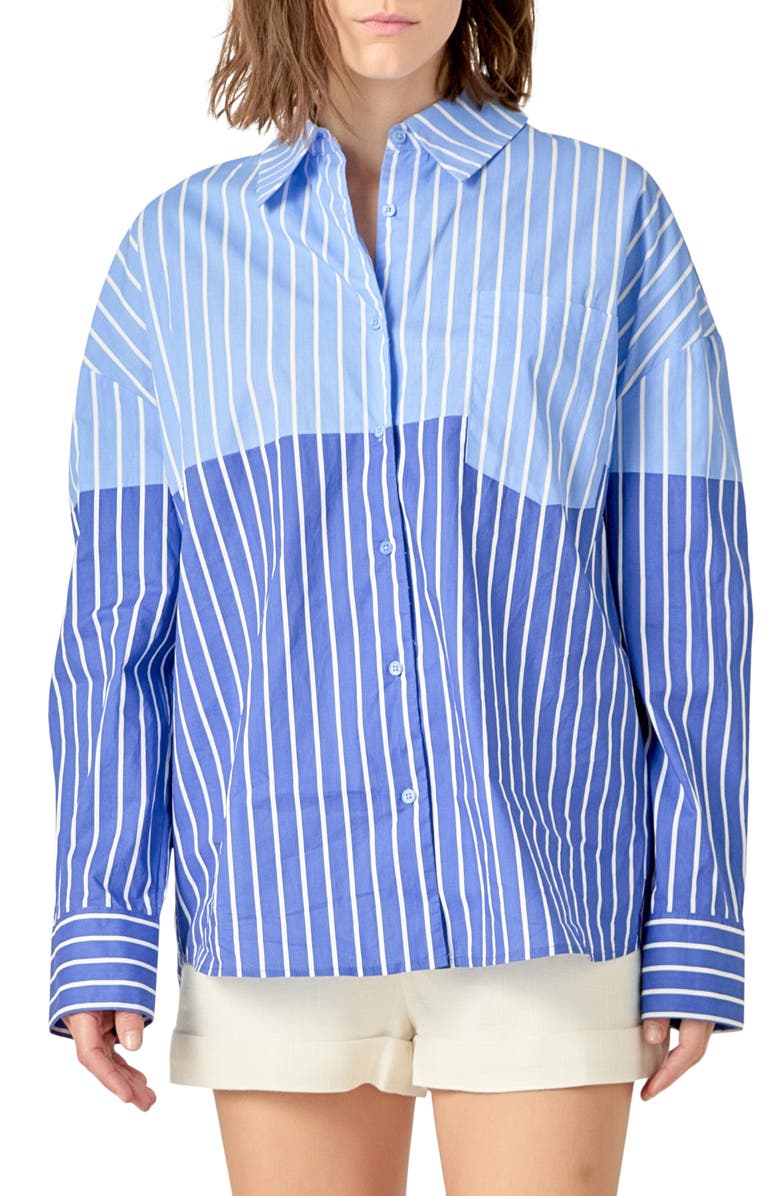 English Factory Colorblock Stripe Button-Up Shirt, Main, color, Powder Blue/ Navy
