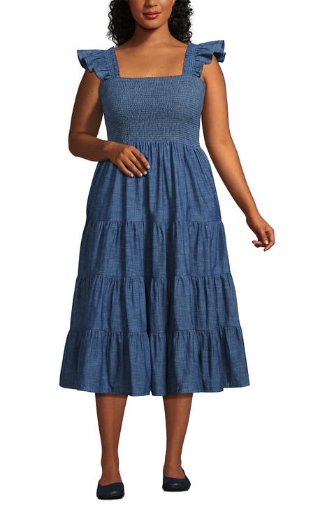 Chambray Smocked Dress with Ruffle Straps