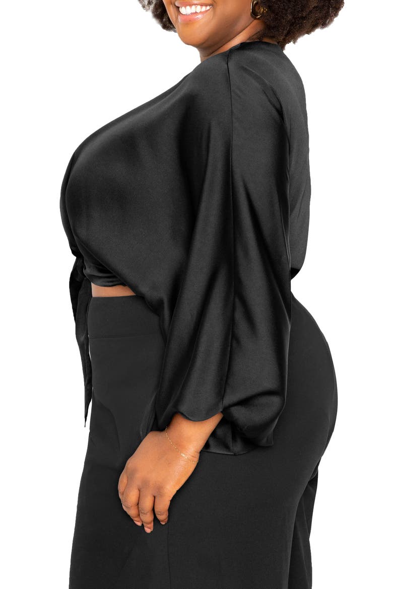 Tie Front Long Sleeve Satin Blouse, Alternate, color, BLACK