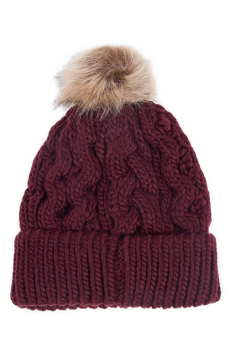 Barbour Penshaw Cable Beanie with Faux Fur Pompom, Alternate, color, Bordeaux