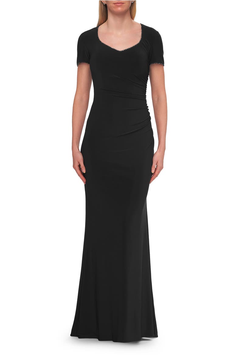 Short Sleeve Jersey Gown with Sweetheart Neckline and Ruching, Main, color, Black
