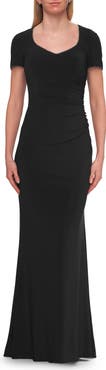 La Femme Short Sleeve Jersey Gown with Sweetheart Neckline and Ruching