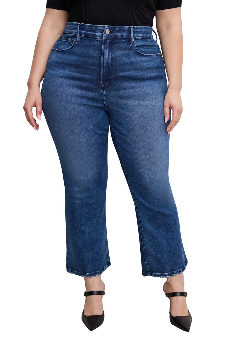 Good American Good Legs Soft-Tech High Waist Distressed Crop Mini Bootcut Jeans, Alternate, color, Indigo891